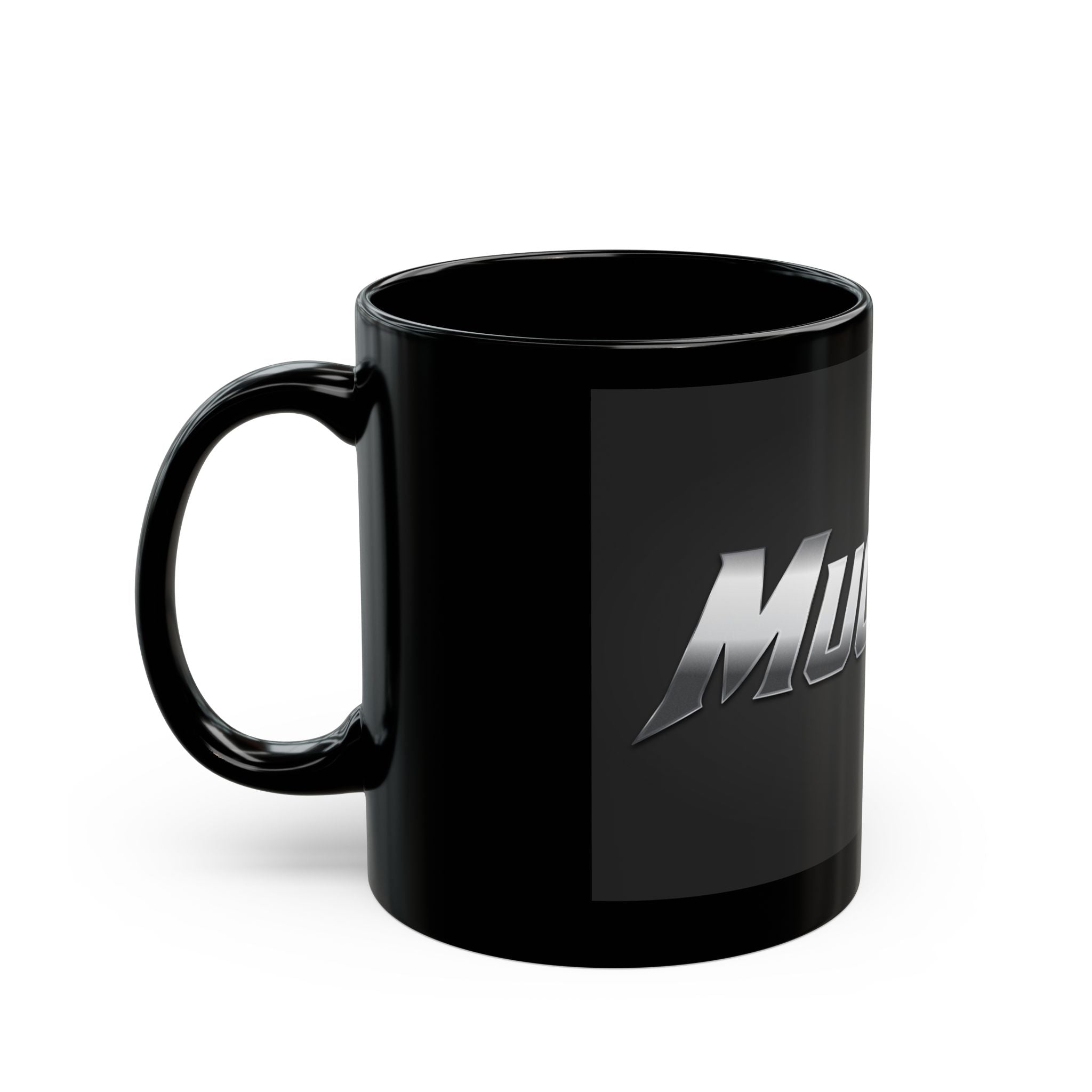 MuckU2 Classic Black Mug (gradient silver/red logo/SKU 100040)