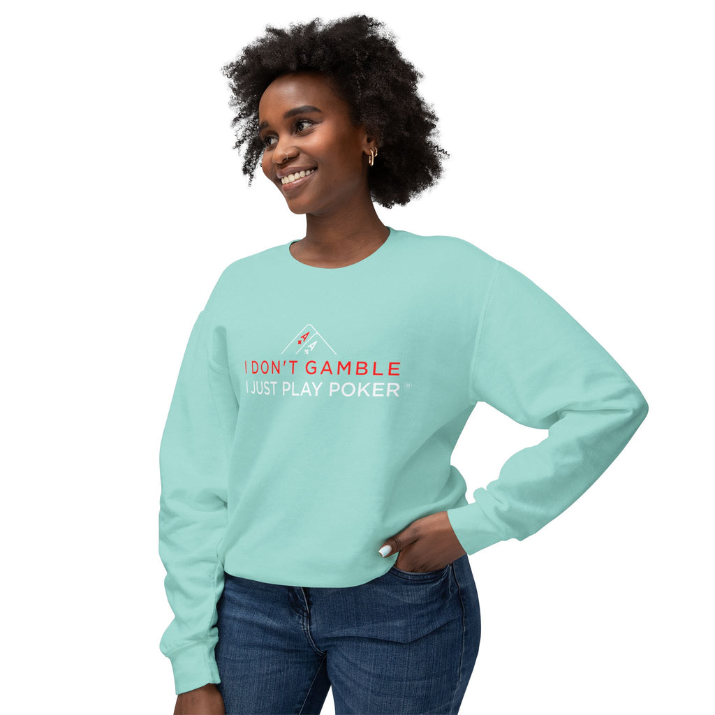 High Stakes Poker Crewneck Sweatshirt (red/white logo) — "I Just Play Poker" Pullover