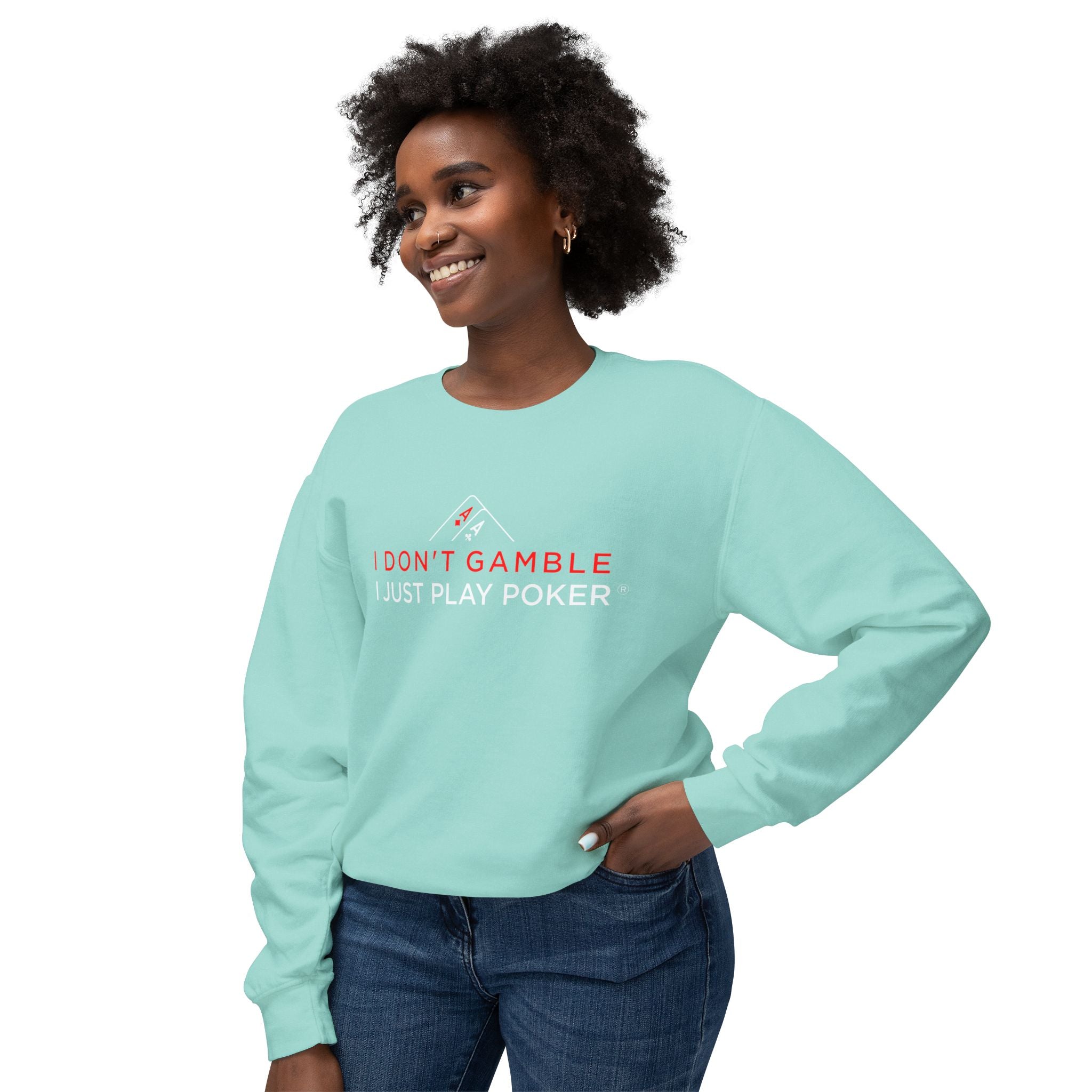 High Stakes Poker Crewneck Sweatshirt (red/white logo) — "I Just Play Poker" Pullover