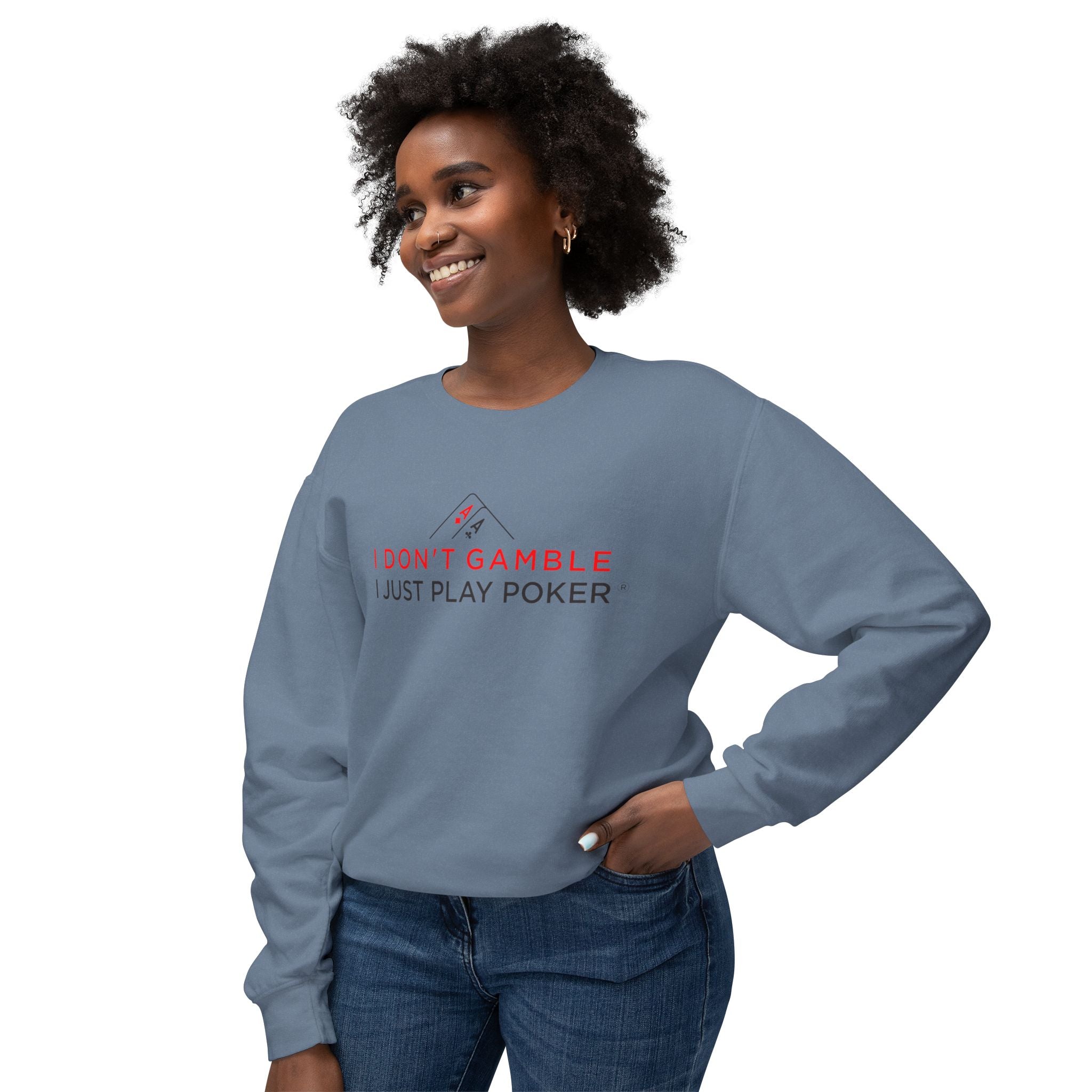 High Stakes Poker Crewneck Sweatshirt (red/black logo) — "I Just Play Poker" Pullover