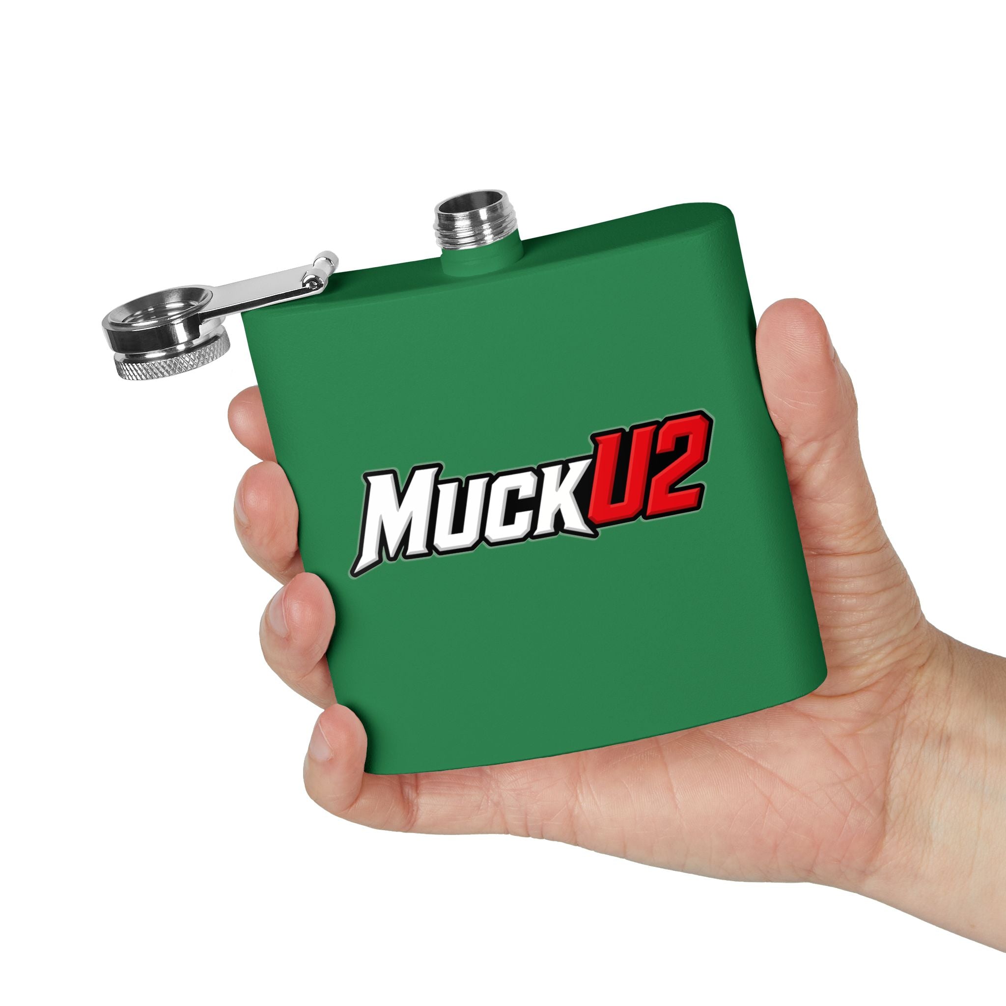 MuckU2 Stainless Steel Poker Flask 6oz (white/red logo/SKU100037)