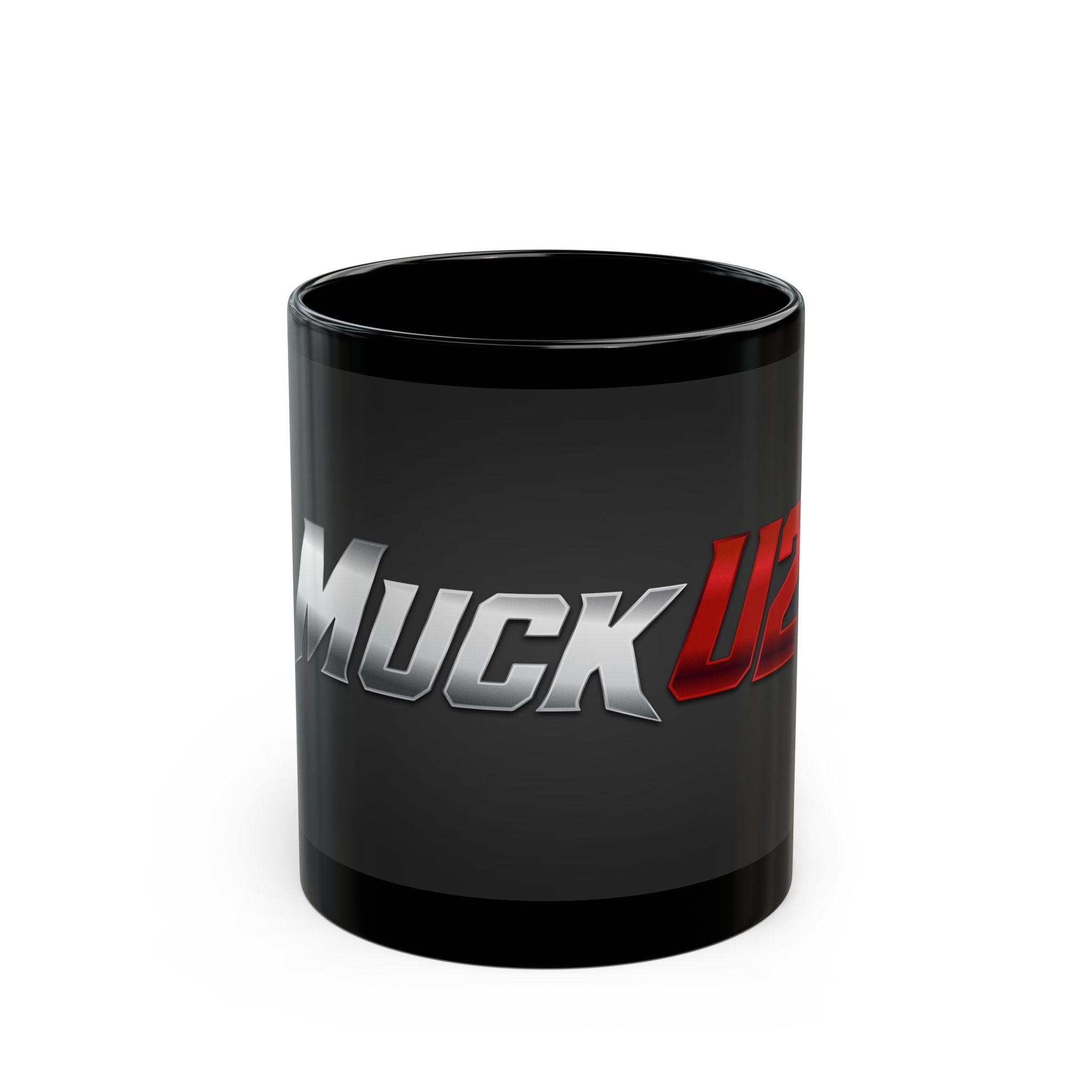 MuckU2 Classic Black Mug (gradient silver/red logo/SKU 100040)