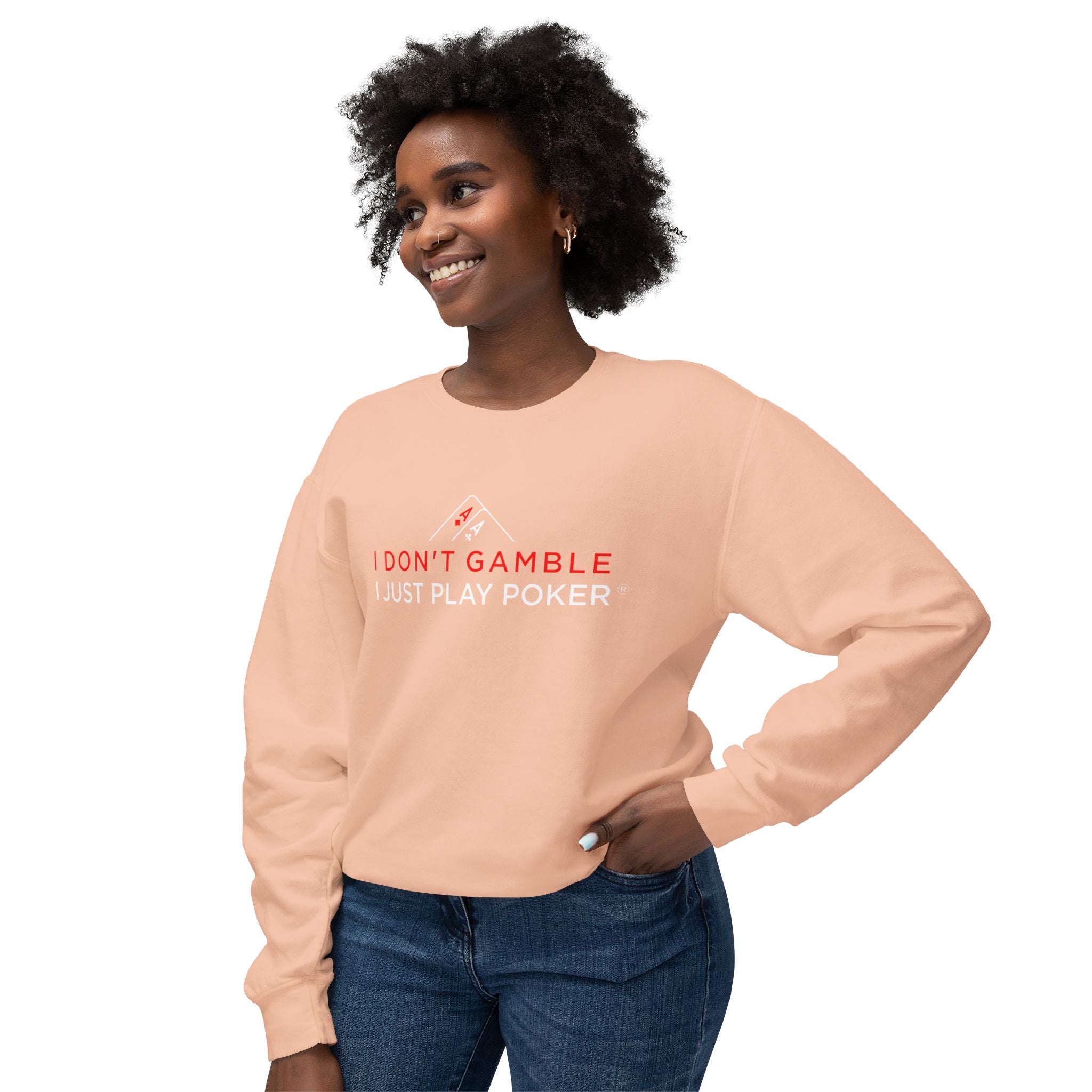High Stakes Poker Crewneck Sweatshirt (red/white logo) — "I Just Play Poker" Pullover