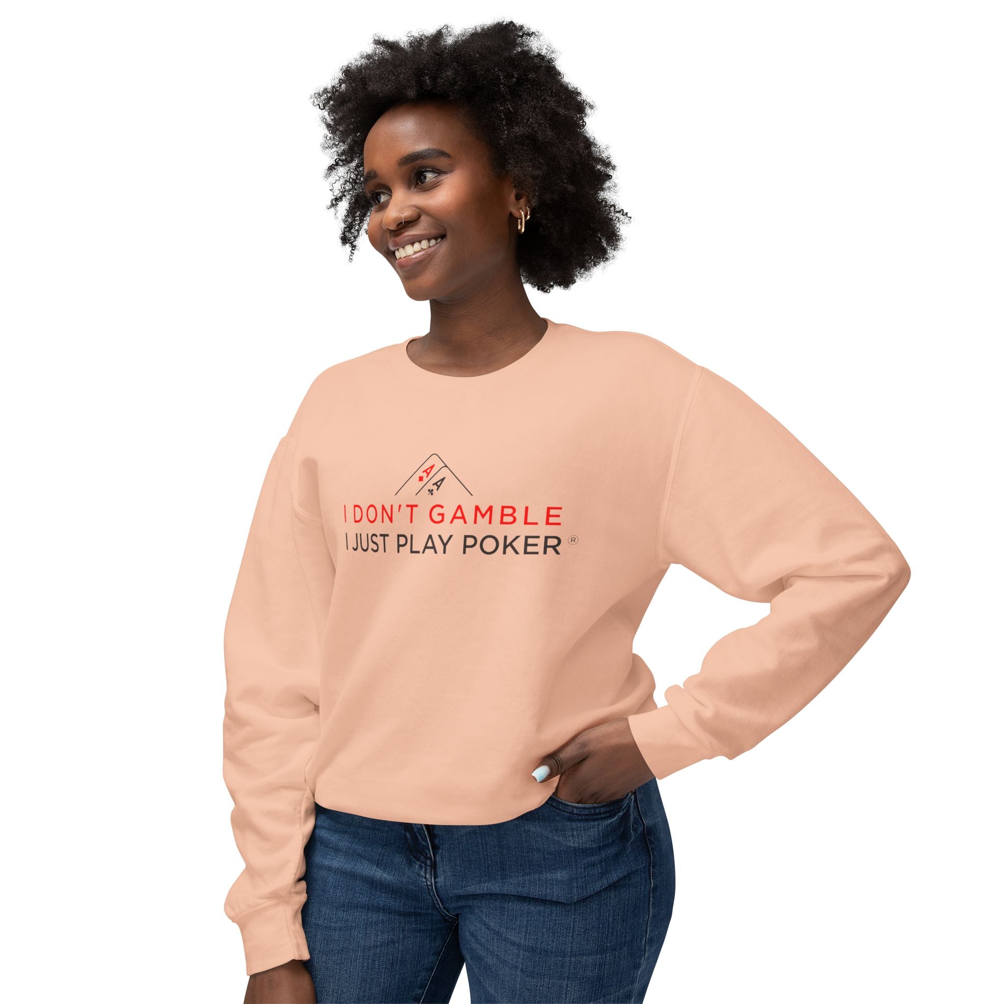 High Stakes Poker Crewneck Sweatshirt (red/black logo) — "I Just Play Poker" Pullover