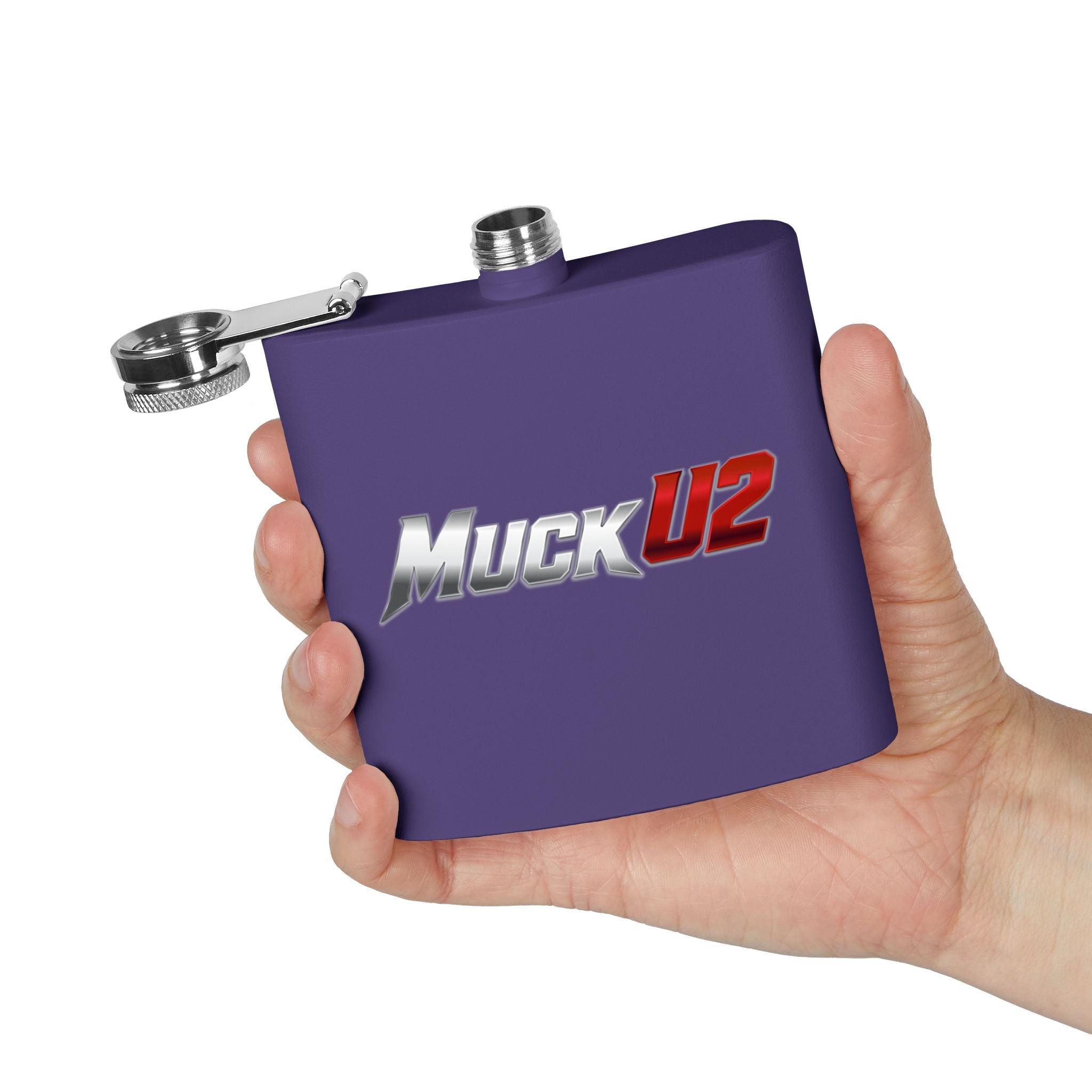 MuckU2 Stainless Steel Poker Flask 6oz (gradient silver/red logo/SKU100034)