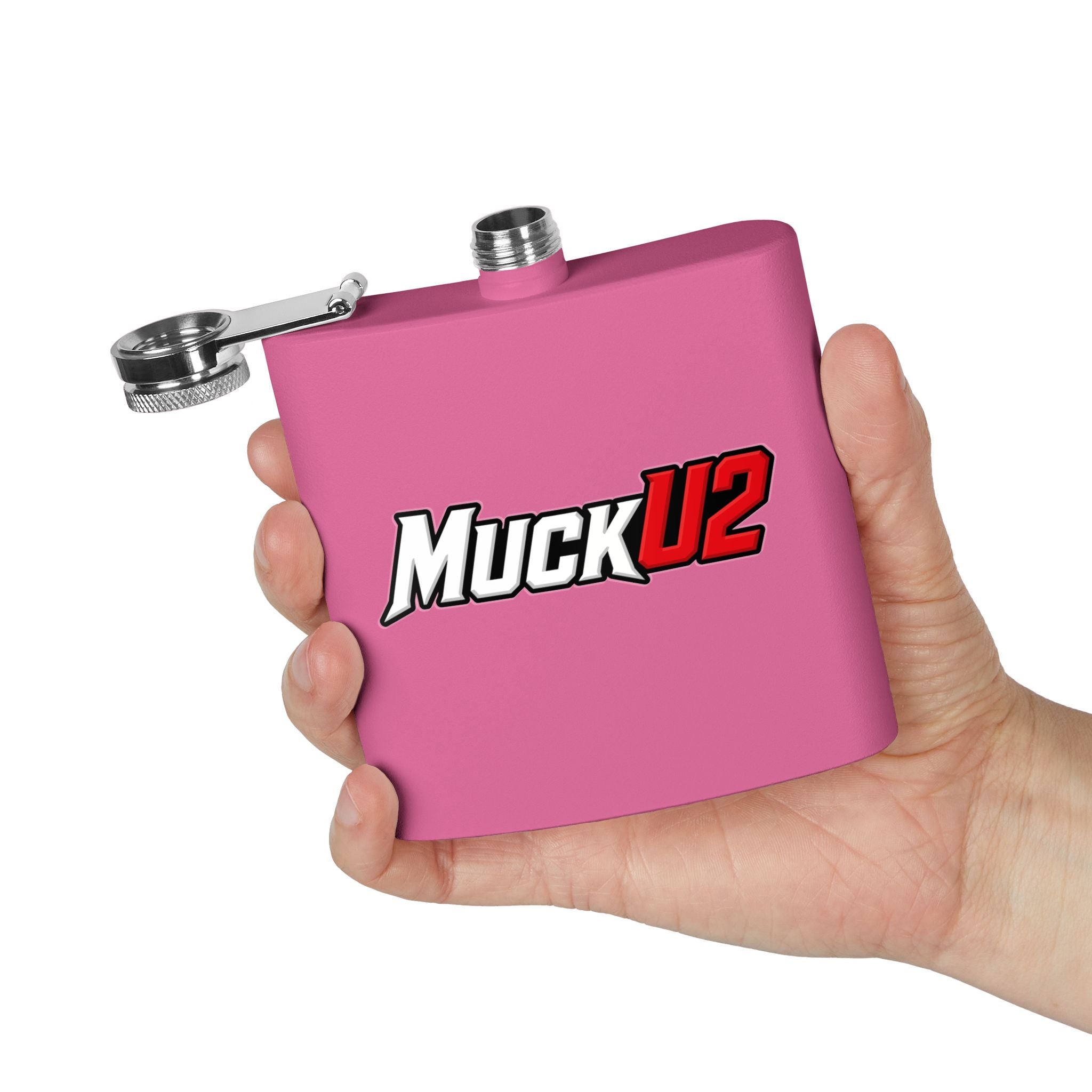 MuckU2 Stainless Steel Poker Flask 6oz (white/red logo/SKU100037)
