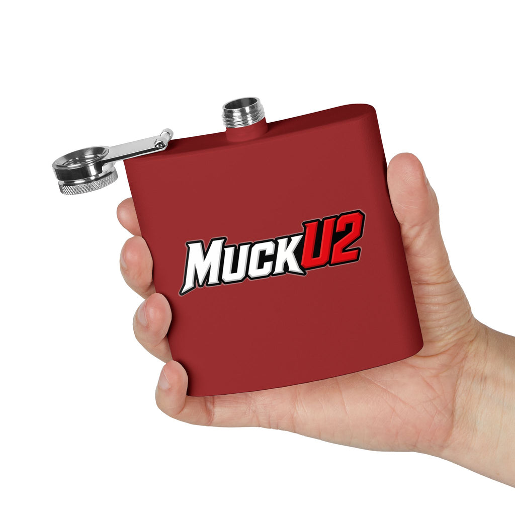 MuckU2 Stainless Steel Poker Flask 6oz (white/red logo/SKU100037)