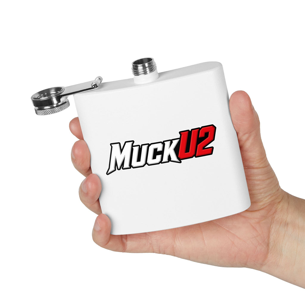 MuckU2 Stainless Steel Poker Flask 6oz (white/red logo/SKU100037)
