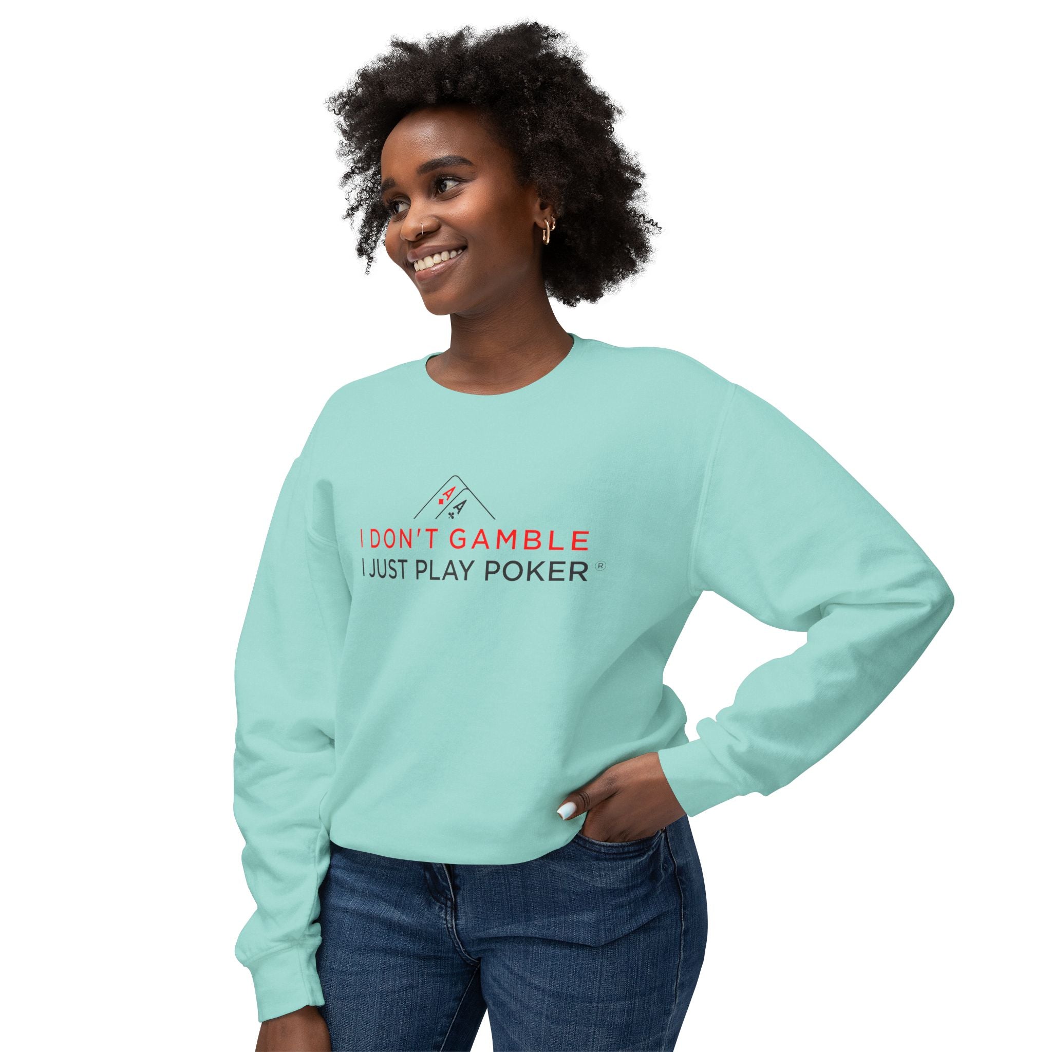High Stakes Poker Crewneck Sweatshirt (red/black logo) — "I Just Play Poker" Pullover