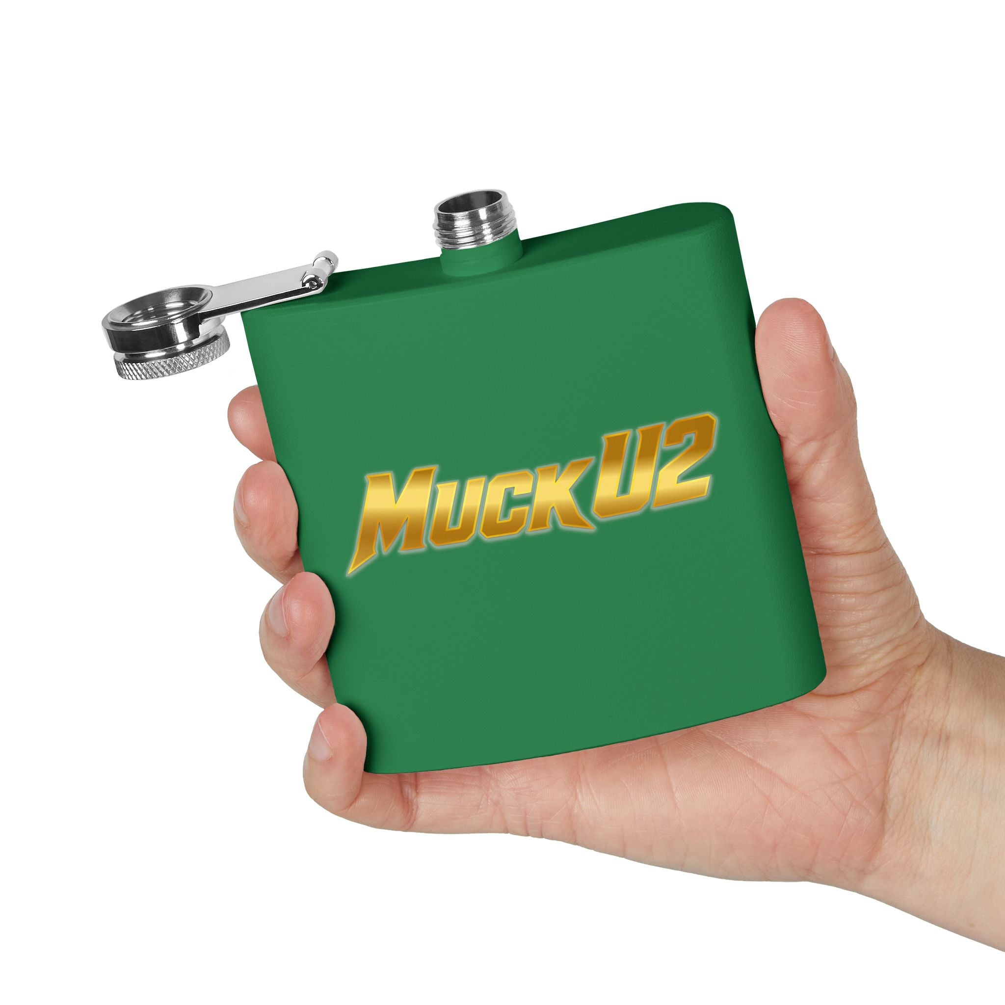MuckU2 Stainless Steel Poker Flask 6oz (gold logo/SKU100032)