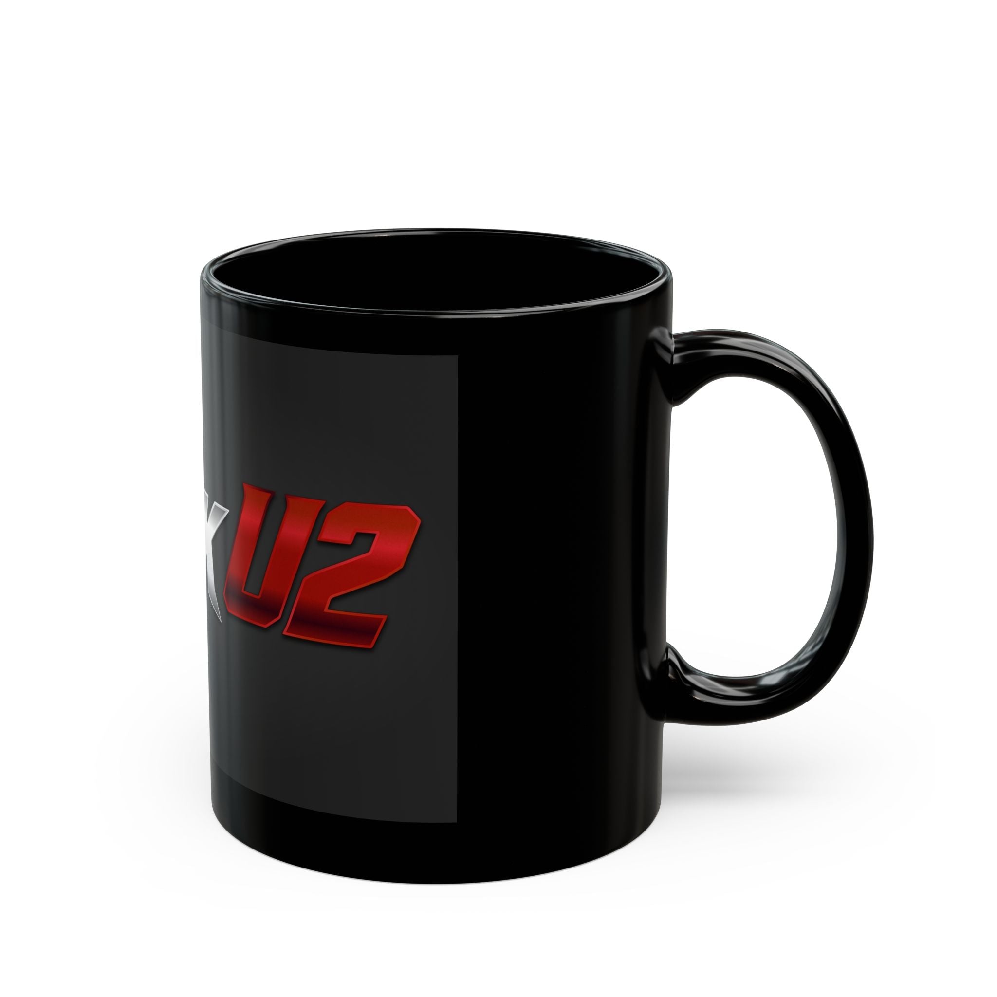 MuckU2 Classic Black Mug (gradient silver/red logo/SKU 100040)