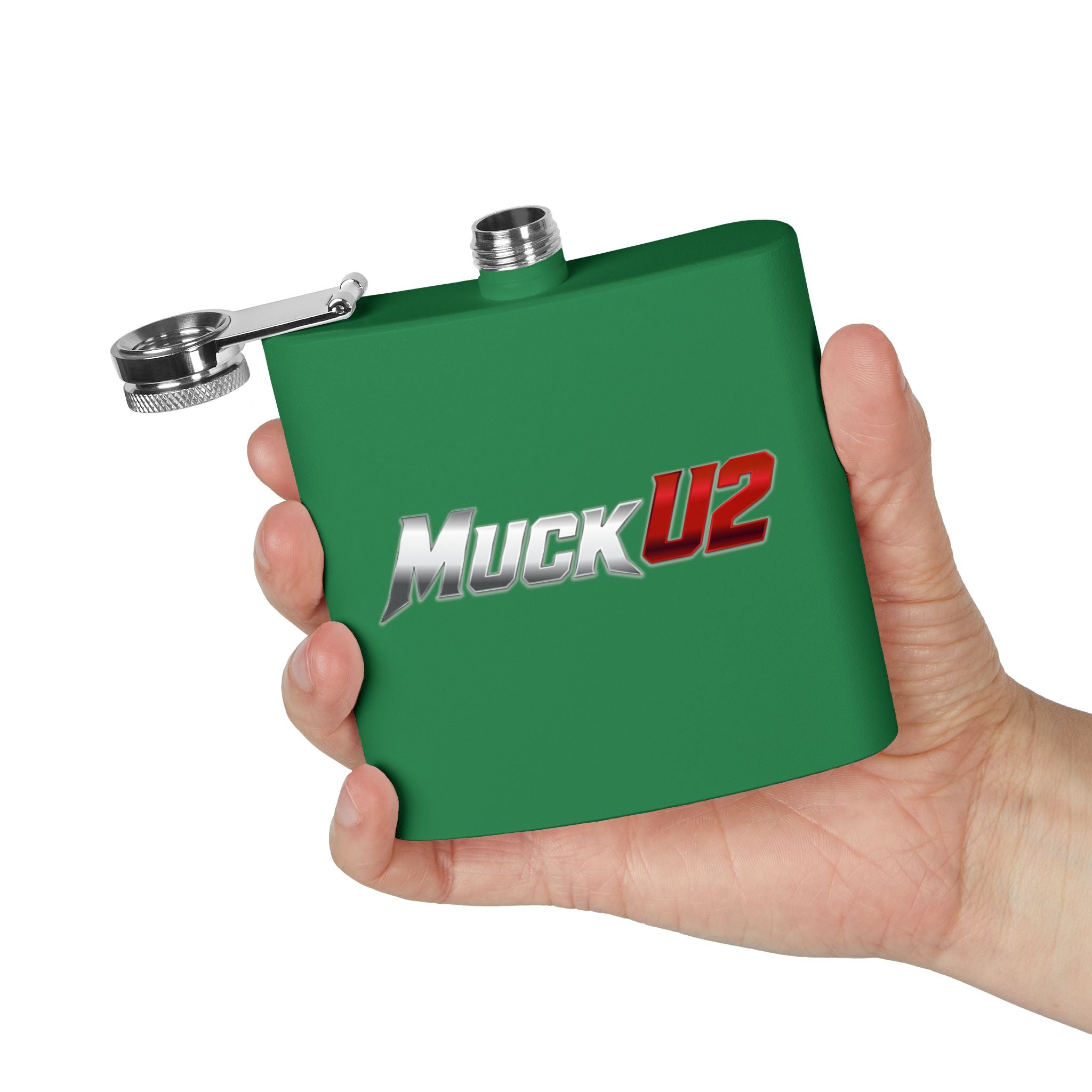 MuckU2 Stainless Steel Poker Flask 6oz (gradient silver/red logo/SKU100034)