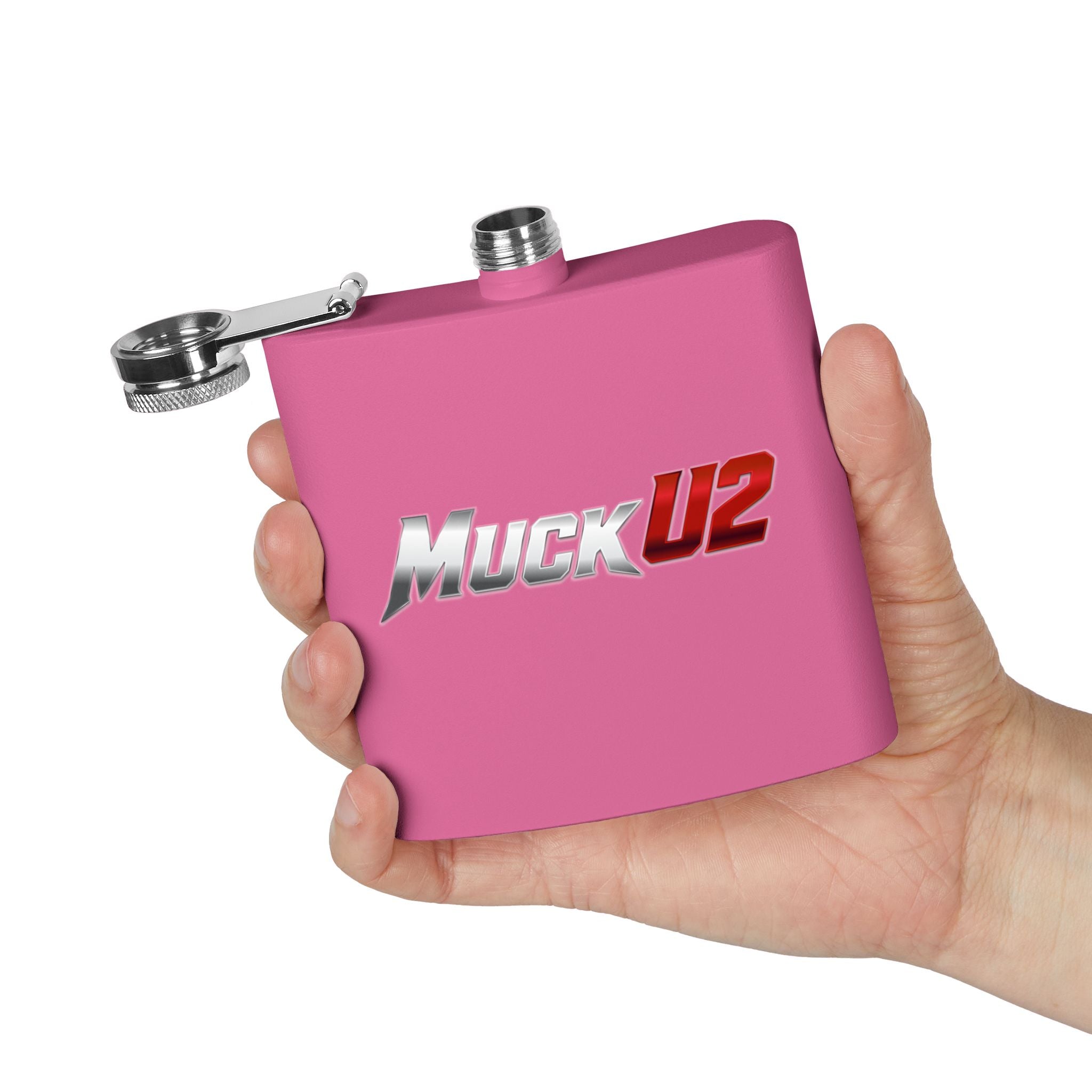 MuckU2 Stainless Steel Poker Flask 6oz (gradient silver/red logo/SKU100034)
