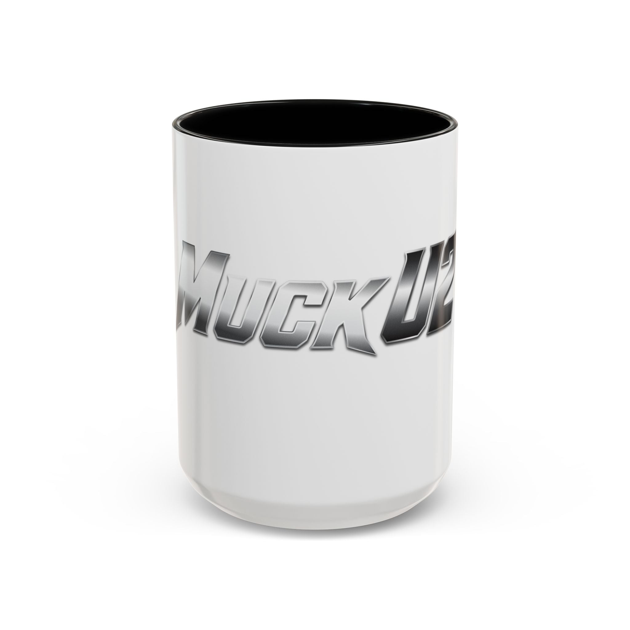 MuckU2 Classic White Mug (gradient silver/black logo/SKU 100043)