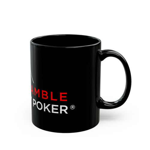 Hero Call Classic Black Mug (red/white logo) — I Don't Gamble, I Just Play Poker