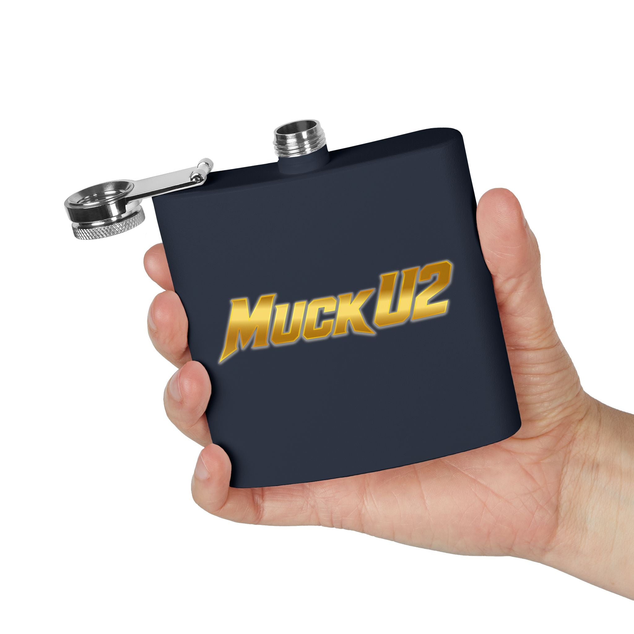 MuckU2 Stainless Steel Poker Flask 6oz (gold logo/SKU100032)