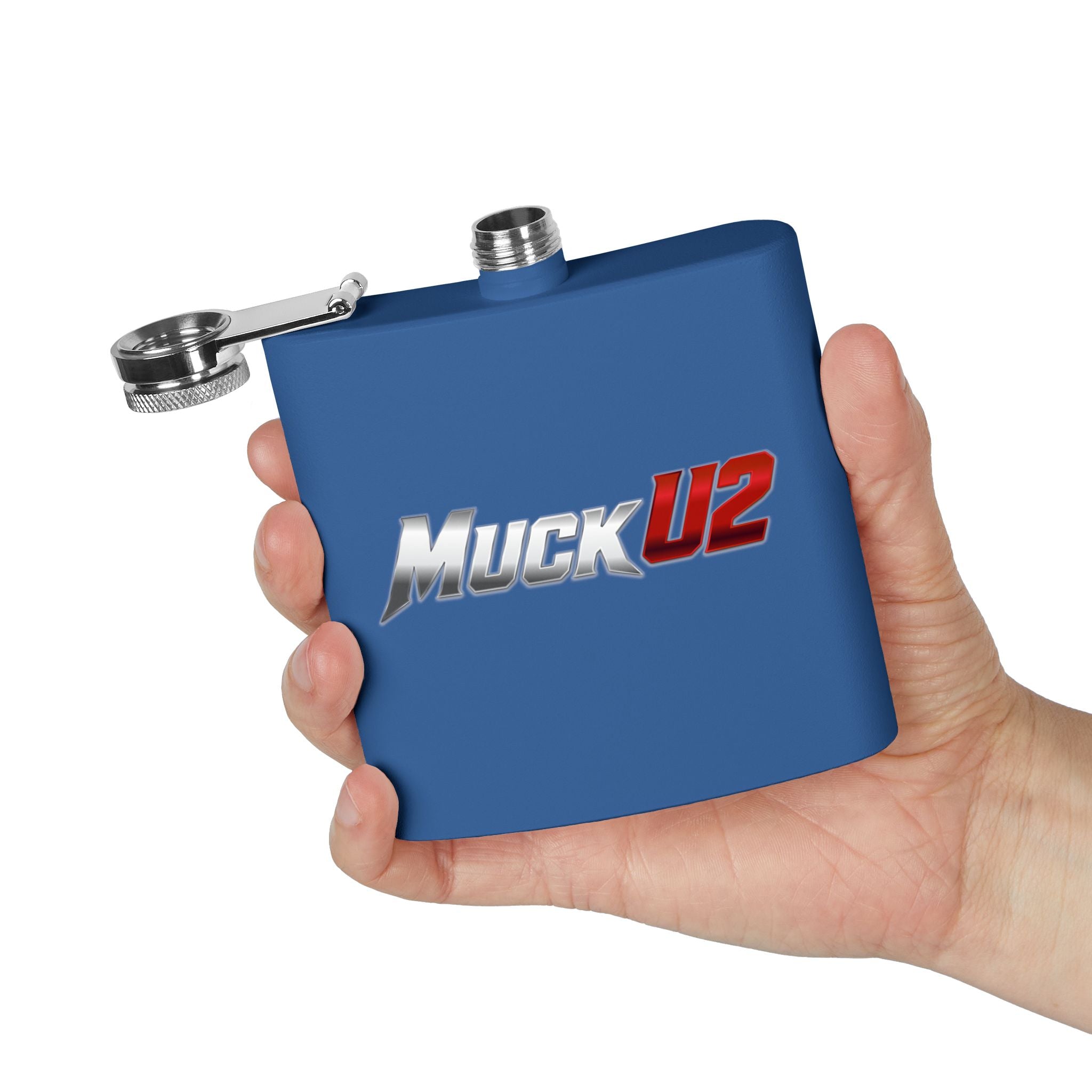 MuckU2 Stainless Steel Poker Flask 6oz (gradient silver/red logo/SKU100034)