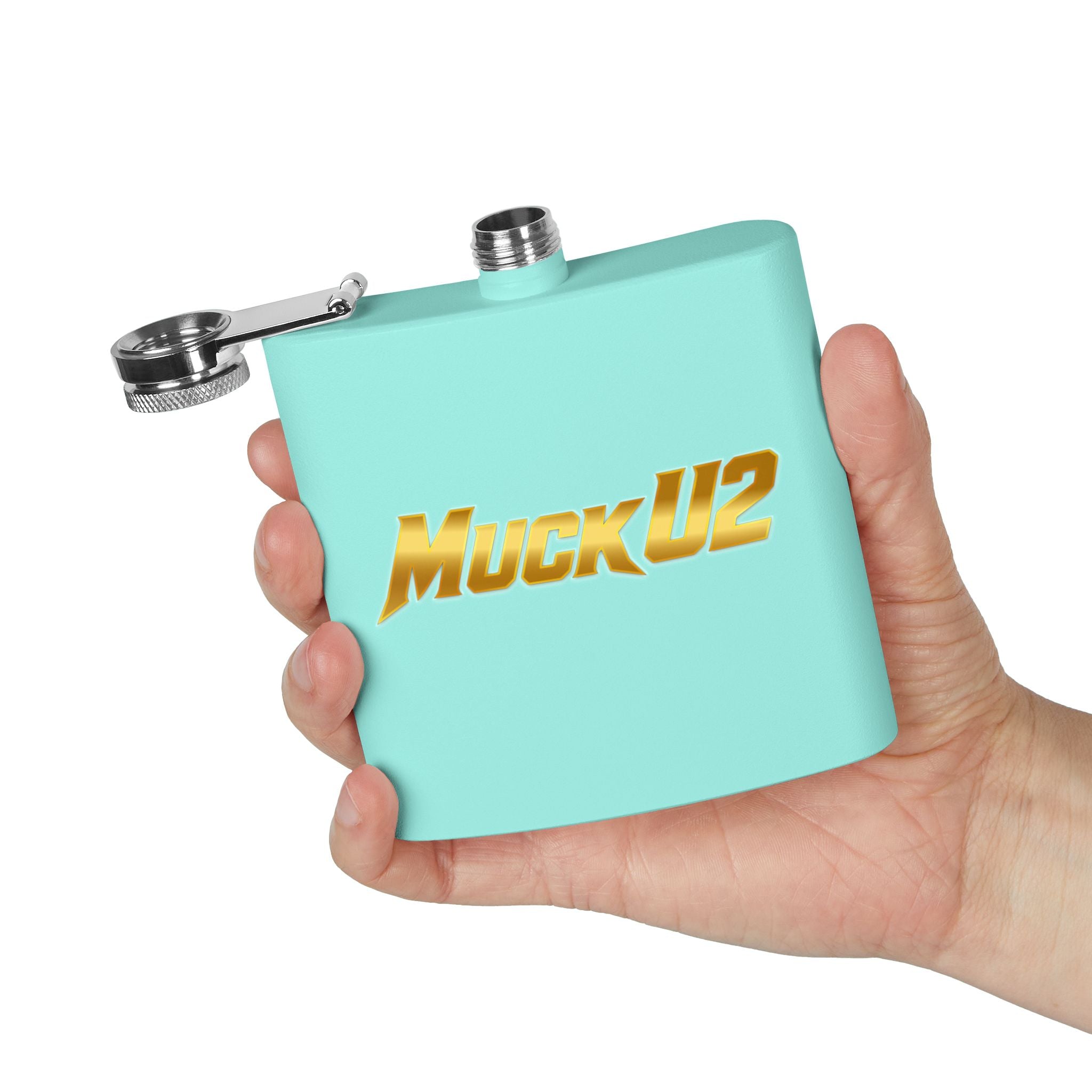 MuckU2 Stainless Steel Poker Flask 6oz (gold logo/SKU100032)