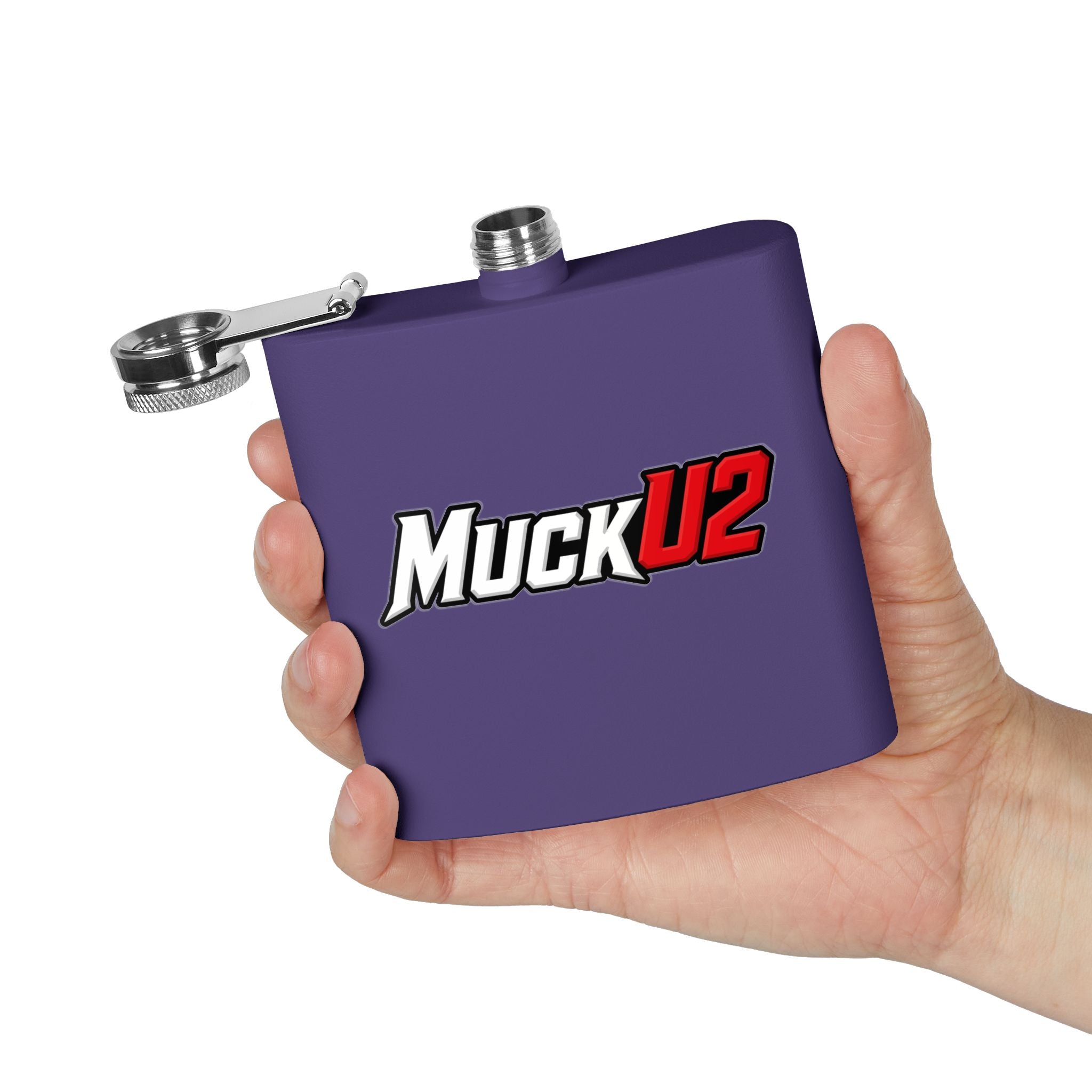 MuckU2 Stainless Steel Poker Flask 6oz (white/red logo/SKU100037)
