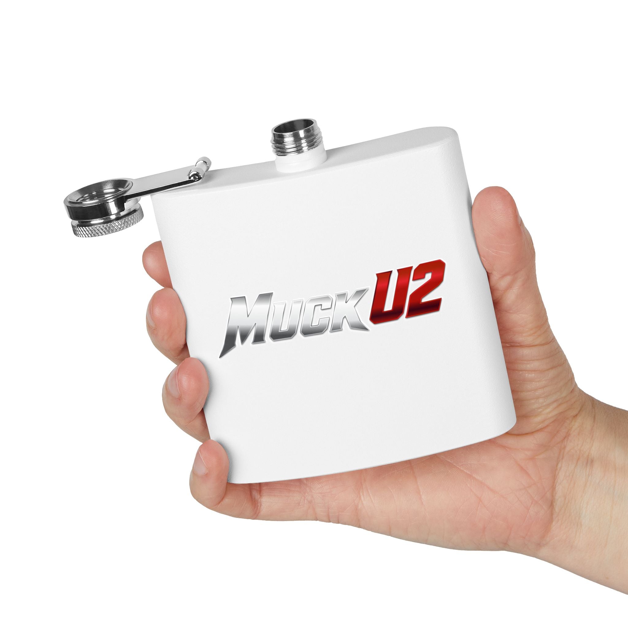 MuckU2 Stainless Steel Poker Flask 6oz (gradient silver/red logo/SKU100034)