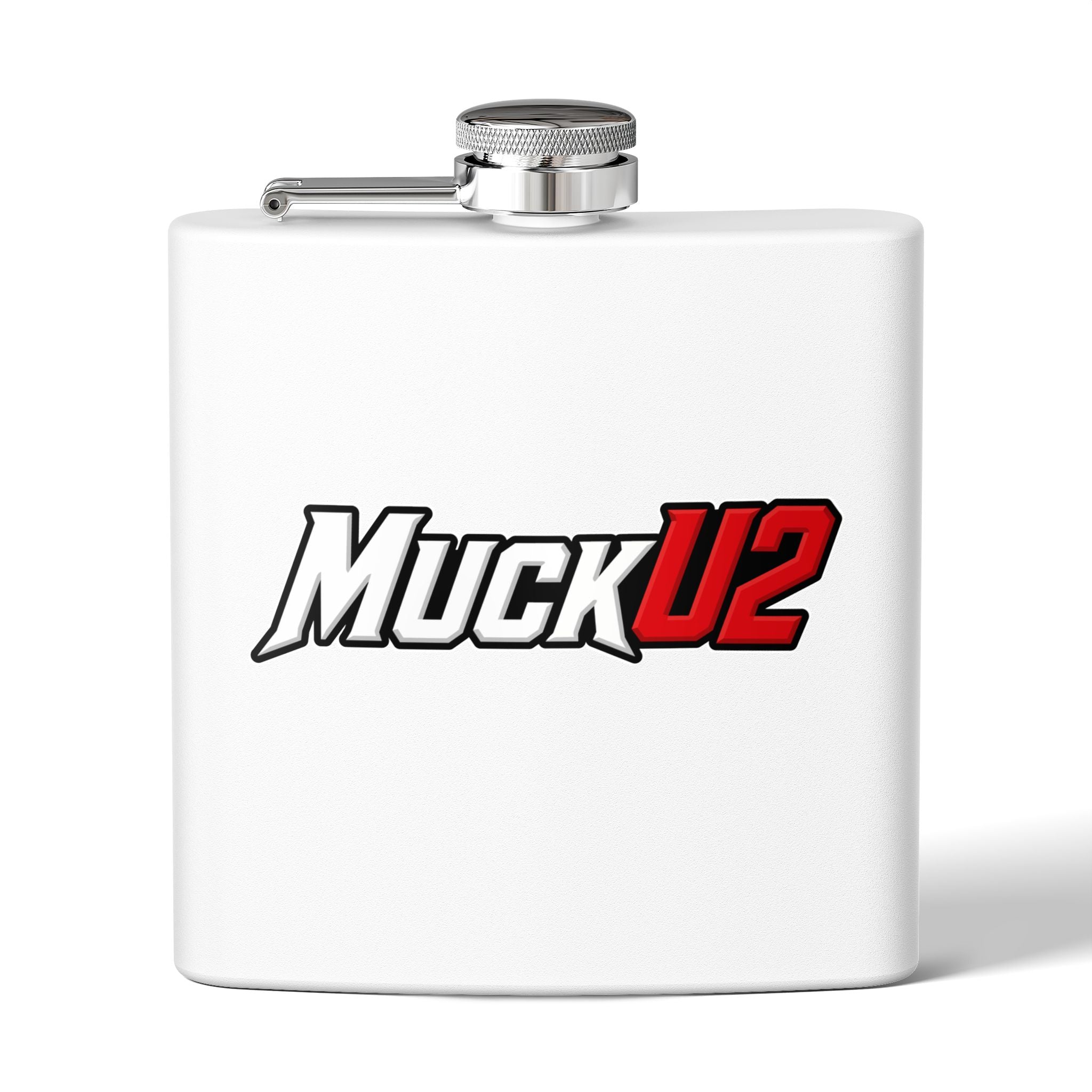 MuckU2 Stainless Steel Poker Flask 6oz (white/red logo/SKU100037)