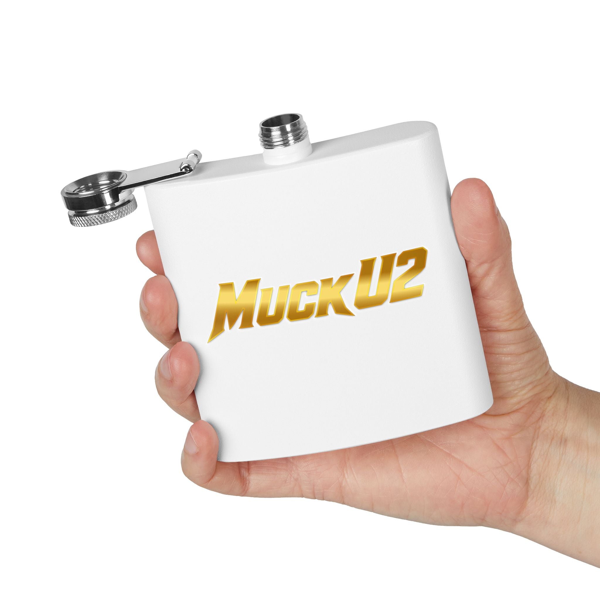 MuckU2 Stainless Steel Poker Flask 6oz (gold logo/SKU100032)