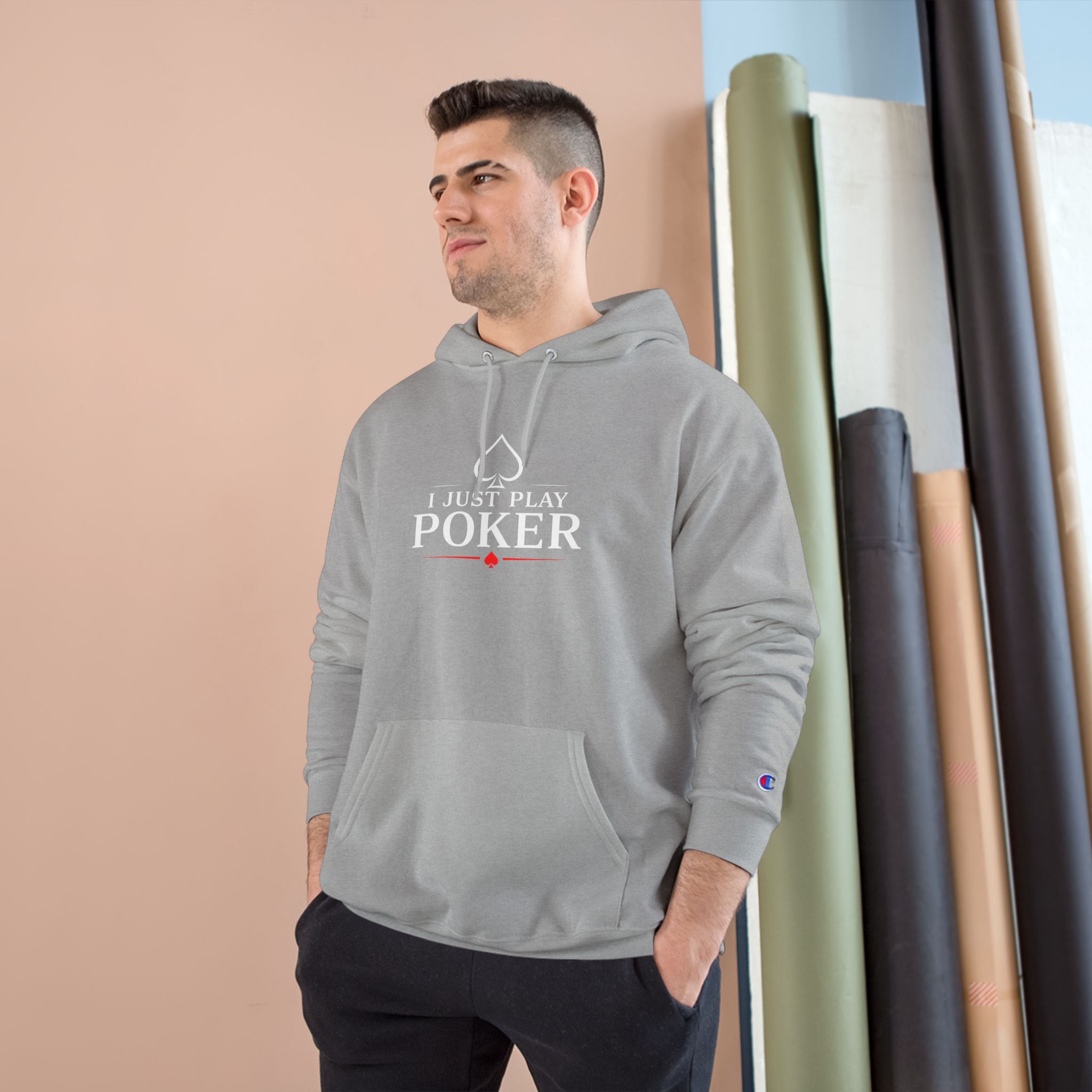 I Just Play Poker Hoodie – White & Red Poker Logo
