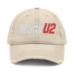 MuckU2 Distressed Dad Hat – White & Red Embroidered Poker Cap
