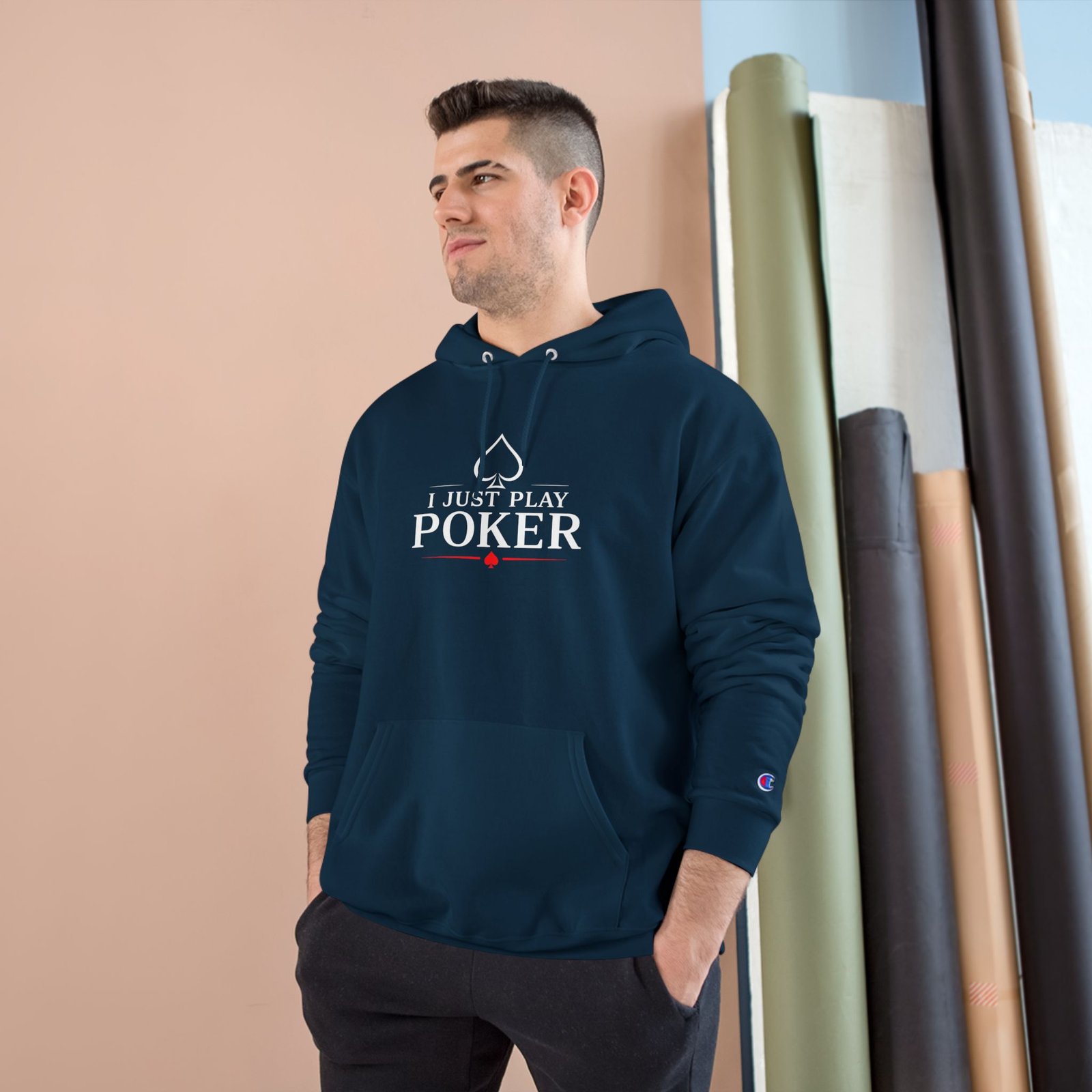 I Just Play Poker Hoodie – White & Red Poker Logo
