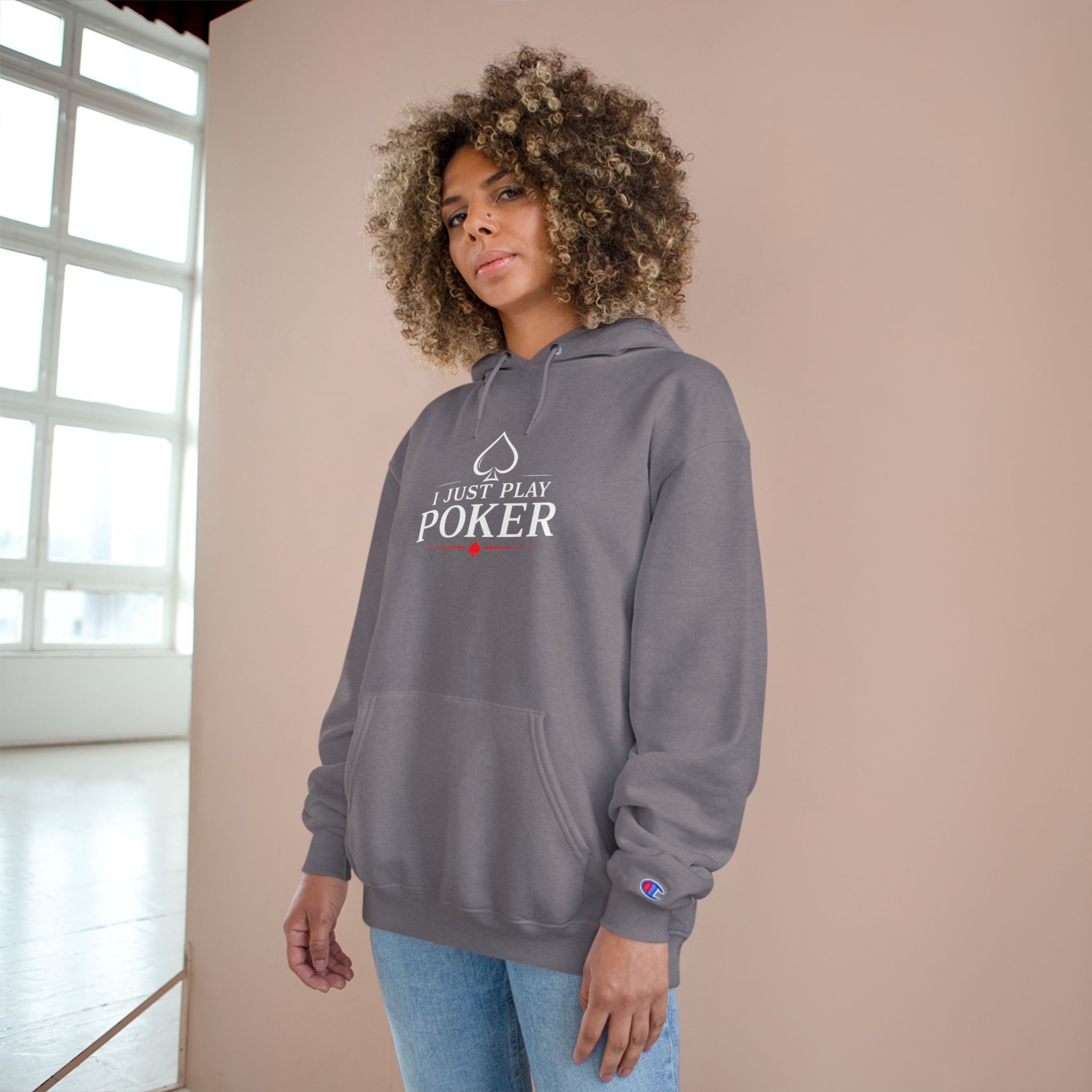 I Just Play Poker Hoodie – White & Red Poker Logo