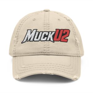 MuckU2 Distressed Dad Hat – White & Red Embroidered Poker Cap
