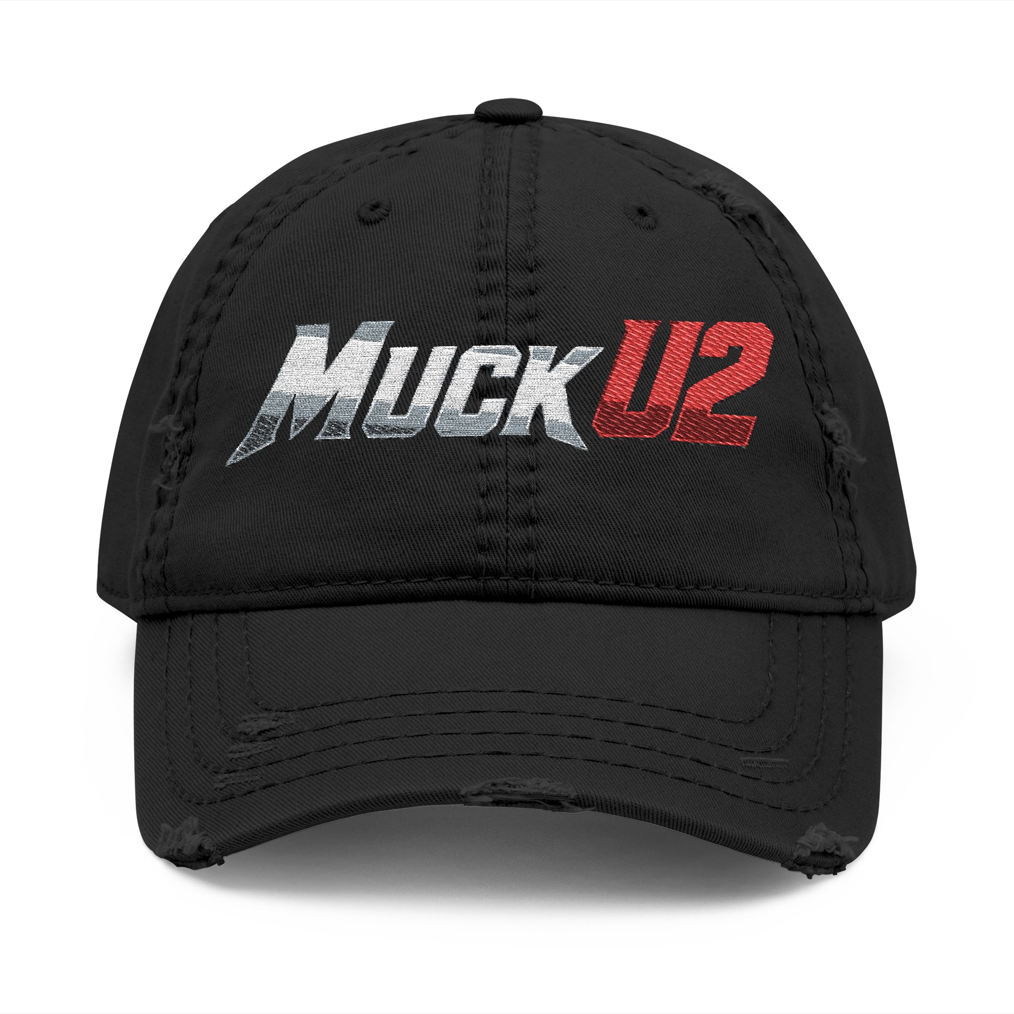 MuckU2 Distressed Dad Hat – Silver & Red Logo
