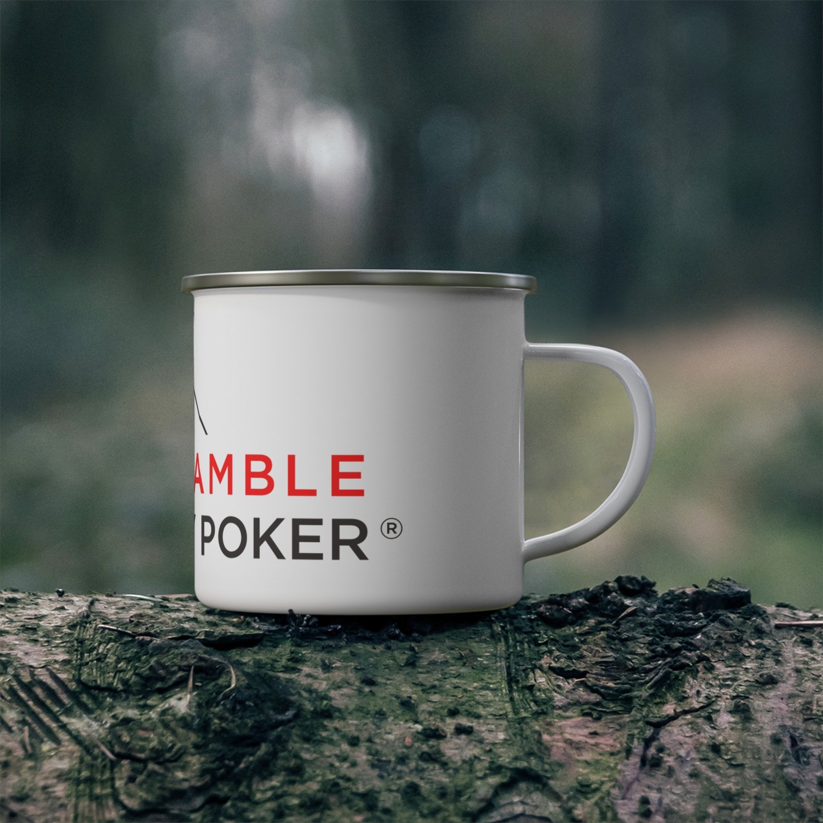 I Don’t Gamble, I Just Play Poker Enamel Mug – Red & Black Poker Logo