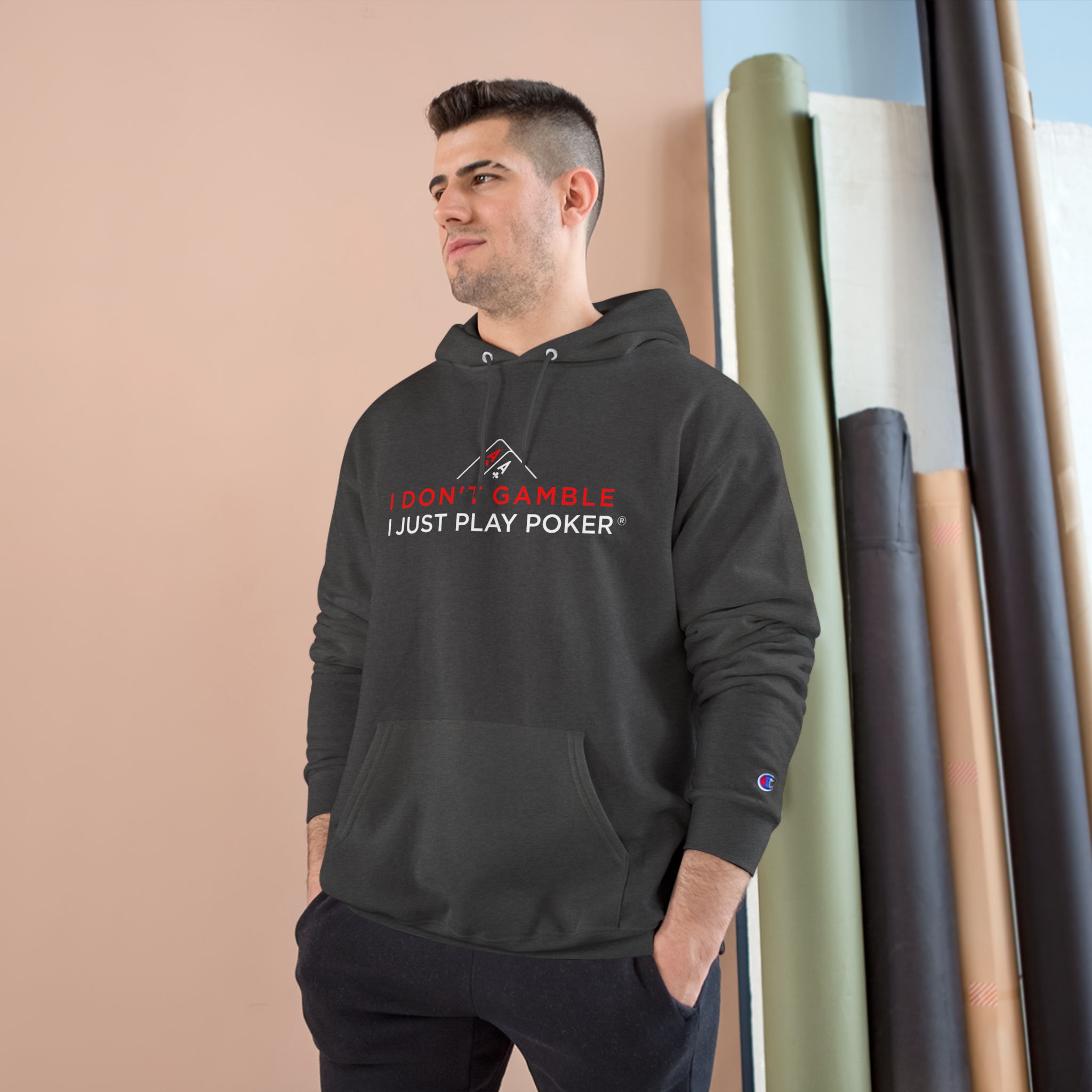 I Don’t Gamble, I Just Play Poker Hoodie – Red & White Logo