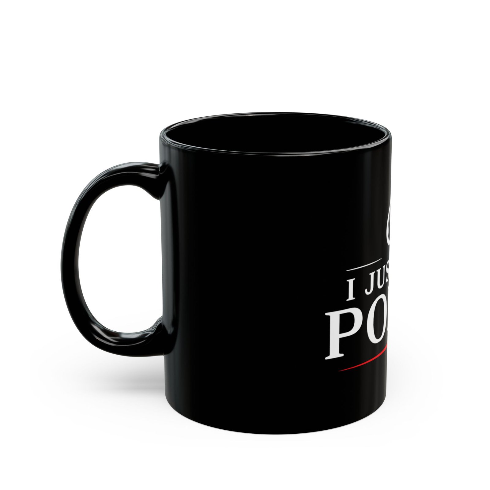I Just Play Poker Black Mug – White & Red Logo