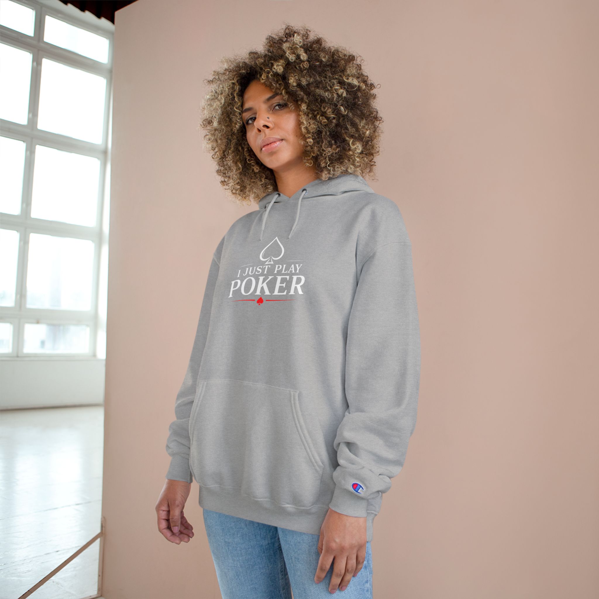 I Just Play Poker Hoodie – White & Red Poker Logo