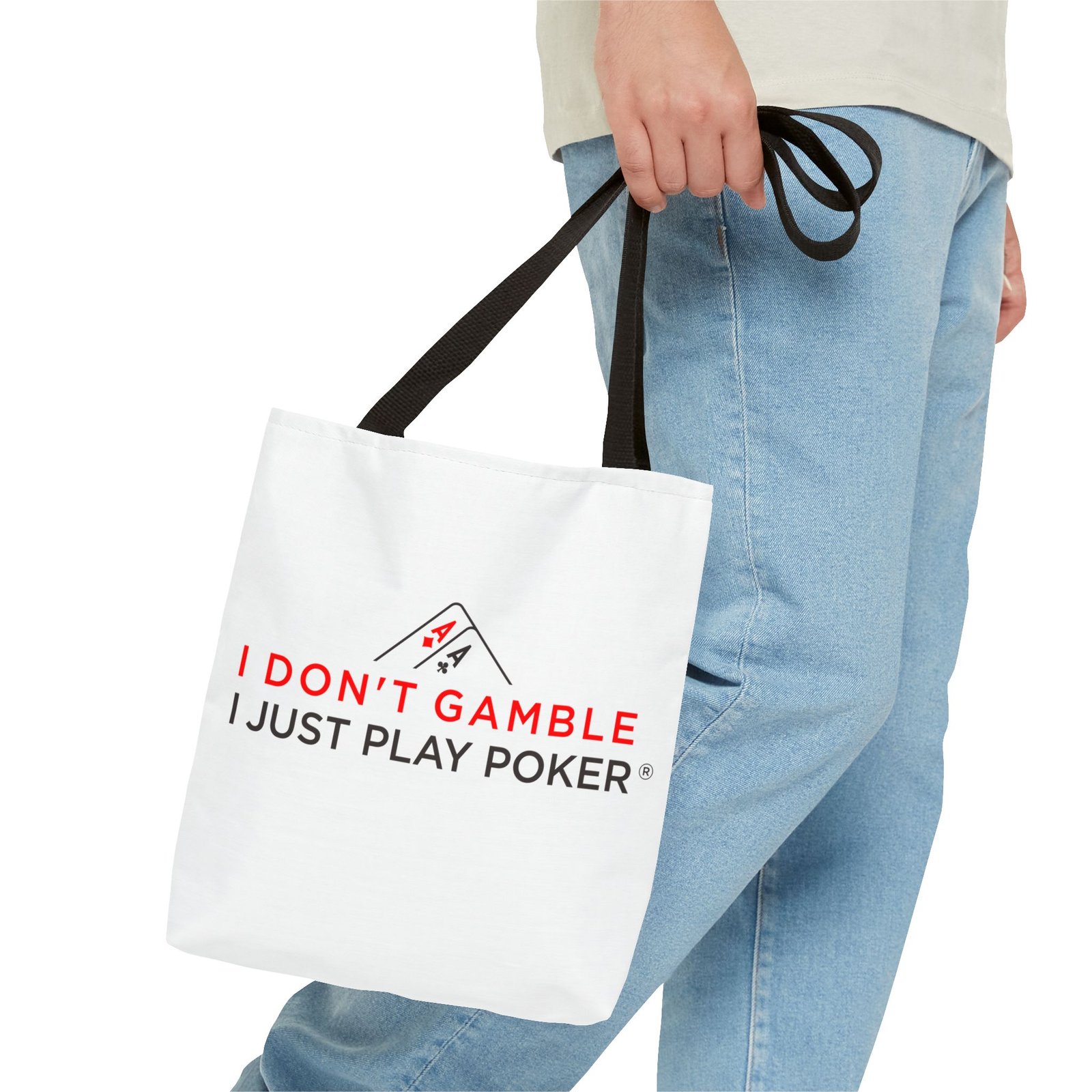 I Don’t Gamble, I Just Play Poker Tote Bag – Red & Black Logo