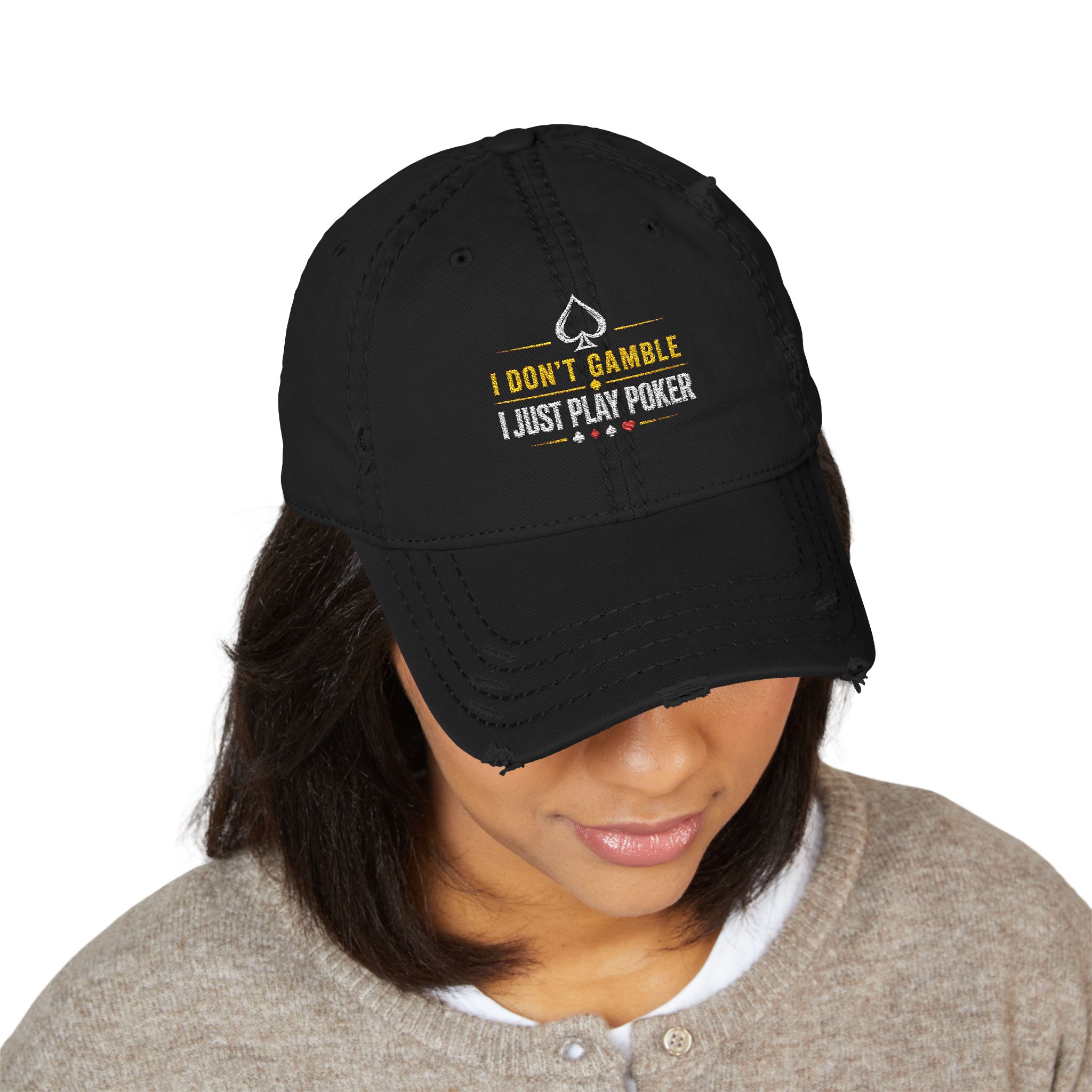 I Don’t Gamble, I Just Play Poker Distressed Dad Hat – Gold & White Poker Logo